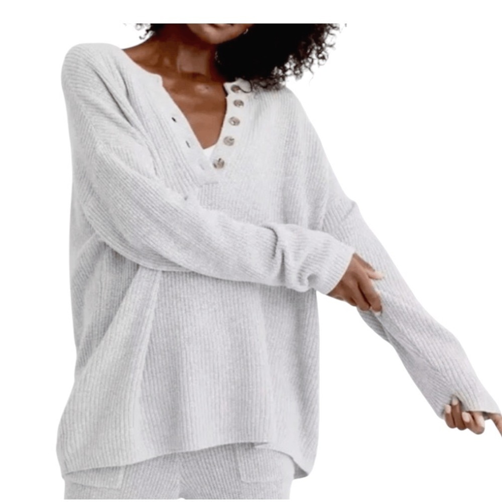 AERIE Oversized HENLEY SWEATER Light Gray HALF BUTTON-DOWN All Cotton SZ L